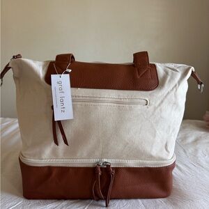 Graf Lantz Cream & Brown Two-Tone Canvas Tote with Bottom Compartment Day Bag